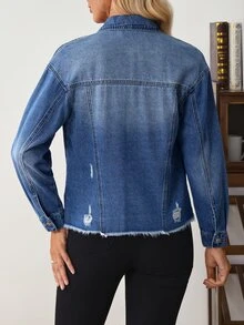 Breezaya 女款深藍色牛仔夾克，復古翻蓋口袋、做舊水洗、鈕扣開襟、落肩長袖、單排扣，適合秋季、街頭風與休閒日常穿著（亦適用於度假或嘉年華造型） - 藍色 - 查看 2