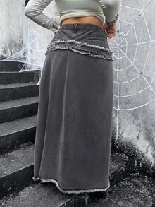 Jeanoix Y2K Street Style Plus Size Gradient Gray Black Denim Maxi Skirt With Double Side High Slit And Frayed Hem Design, Versatile Long Skirt - Grey - View 3