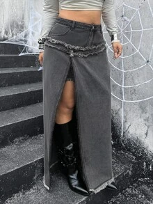 Jeanoix Y2K Street Style Plus Size Gradient Gray Black Denim Maxi Skirt With Double Side High Slit And Frayed Hem Design, Versatile Long Skirt - Grey - View 4