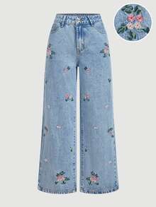 SHEIN PETITE Full Embroidery Non-Stretch Straight Leg Denim Jeans - Blue - View 6