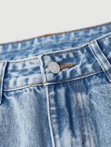 SHEIN PETITE Full Embroidery Non-Stretch Straight Leg Denim Jeans - Blue - View 4