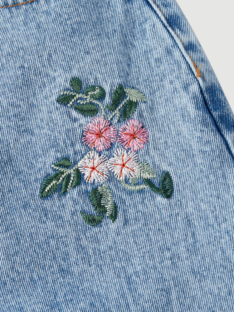 SHEIN PETITE 全刺繡無彈力直筒牛仔褲 - 藍色 - 查看 3