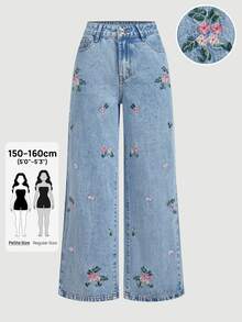 SHEIN PETITE Full Embroidery Non-Stretch Straight Leg Denim Jeans - Blue - View 1