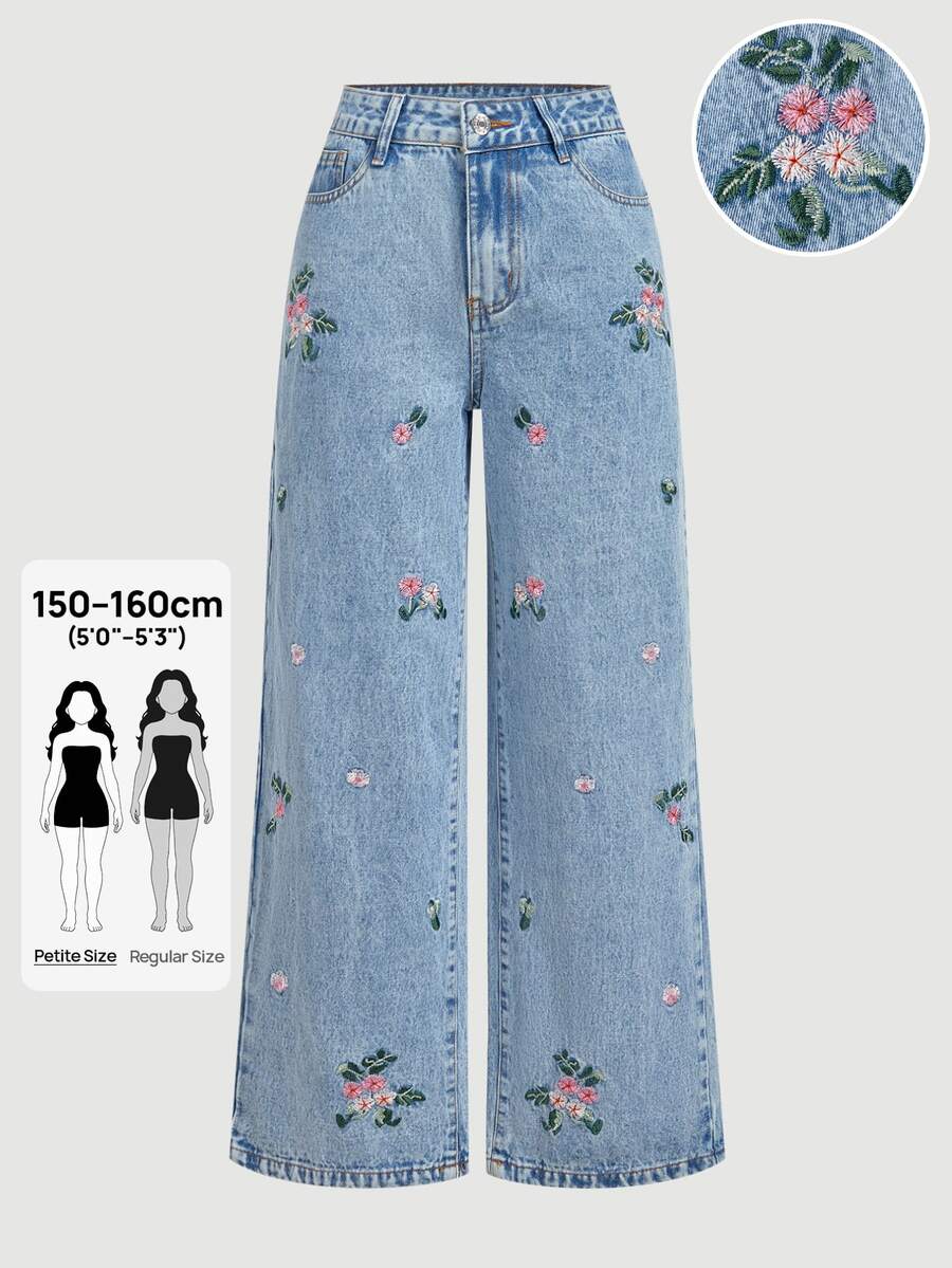 SHEIN PETITE Full Embroidery Non-Stretch Straight Leg Denim Jeans - Blue - View 1