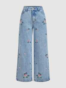 SHEIN PETITE Full Embroidery Non-Stretch Straight Leg Denim Jeans - Blue - View 5