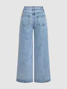 SHEIN PETITE Full Embroidery Non-Stretch Straight Leg Denim Jeans - Blue - View 2