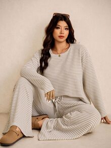 Elaquor 大尺碼白色長袖上衣與長褲兩件式休閒飄逸優雅度假套裝 女款秋季母親節正式居家晚裝 - 紫紅色 - 查看 7