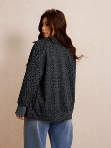 Elaquor 大尺碼女款豹紋休閒簡約毛茸茸長袖夾克，冬季 - 灰色 - 查看 2