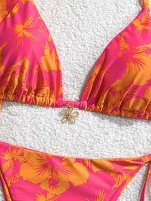 Swim Mod 3pcs/Set Women Spring Break Summer Beachwear Set, Includes Random Print Halter Skirt, Tie-Front Bikini - Multicolor - View 5