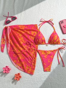 Swim Mod 3pcs/Set Women Spring Break Summer Beachwear Set, Includes Random Print Halter Skirt, Tie-Front Bikini - Multicolor - View 1