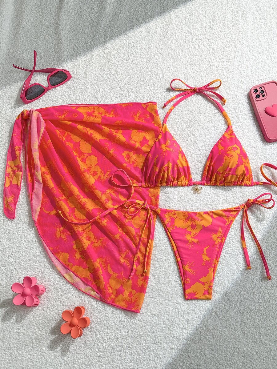 Swim Mod 3pcs/Set Women Spring Break Summer Beachwear Set, Includes Random Print Halter Skirt, Tie-Front Bikini - Multicolor - View 1