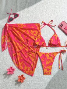 Swim Mod 3pcs/Set Women Spring Break Summer Beachwear Set, Includes Random Print Halter Skirt, Tie-Front Bikini - Multicolor - View 2
