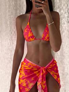 Swim Mod 3pcs/Set Women Spring Break Summer Beachwear Set, Includes Random Print Halter Skirt, Tie-Front Bikini - Multicolor - View 3