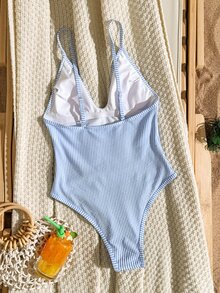 Swim Mod Women's Striped Special Fabric Adjustable Spaghetti Strap Backless High Leg One-Piece Swimsuit For Vacation - Blue and White - View 6