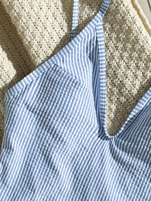 Swim Mod Women's Striped Special Fabric Adjustable Spaghetti Strap Backless High Leg One-Piece Swimsuit For Vacation - Blue and White - View 7