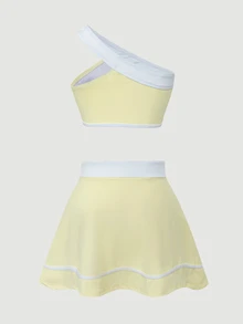 Cévolie Contrast Color One-Shoulder Strap Youthful Vibrant Spring/Summer Beach Outfit Women's Sportswear Set - Yellow - View 8