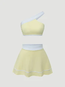 Cévolie Contrast Color One-Shoulder Strap Youthful Vibrant Spring/Summer Beach Outfit Women's Sportswear Set - Yellow - View 7