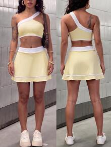 Cévolie Contrast Color One-Shoulder Strap Youthful Vibrant Spring/Summer Beach Outfit Women's Sportswear Set - Yellow - View 6