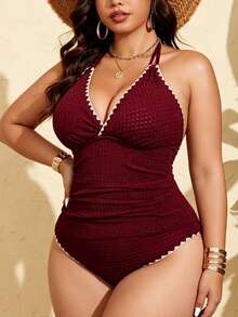 SHEIN Swim Curve 大尺碼女款黑色V領雙肩帶收腹坦克比基尼泳衣套裝，時尚夏季海灘派對度假紅優雅性感 - 酒紅色 - 查看 4
