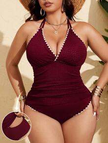 SHEIN Swim Curve 大尺碼女款黑色V領雙肩帶收腹坦克比基尼泳衣套裝，時尚夏季海灘派對度假紅優雅性感 - 酒紅色 - 查看 3