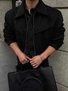 DAZY 秋季男士純色棕色麂皮夾克外套 - 黑色 - 查看 2