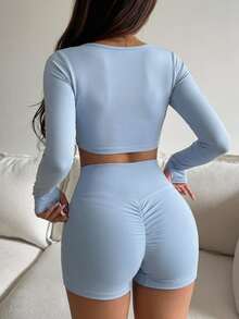 DAZY 2pcs Solid Color Cropped Long Sleeve Square Neck Top With Padded Chest & High Waist Slim Fit Shorts Women's Sports Bra Set Fall - Dusty Blue - View 1