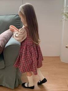 Dazy Kids 女童格紋荷葉邊下擺彼得潘領可愛二合一連身裙 秋季 - 杏色 - 查看 3
