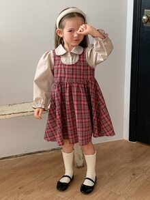 Dazy Kids 女童格紋荷葉邊下擺彼得潘領可愛二合一連身裙 秋季 - 杏色 - 查看 7