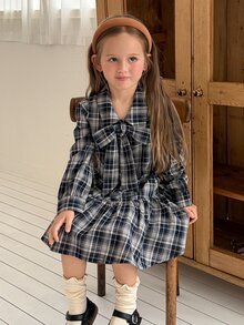 Dazy Kids 女童秋季休閒格紋領口前綁帶洋裝 - 藏蓝色 - 查看 2
