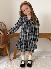 Dazy Kids 女童秋季休閒格紋領口前綁帶洋裝 - 藏蓝色 - 查看 7