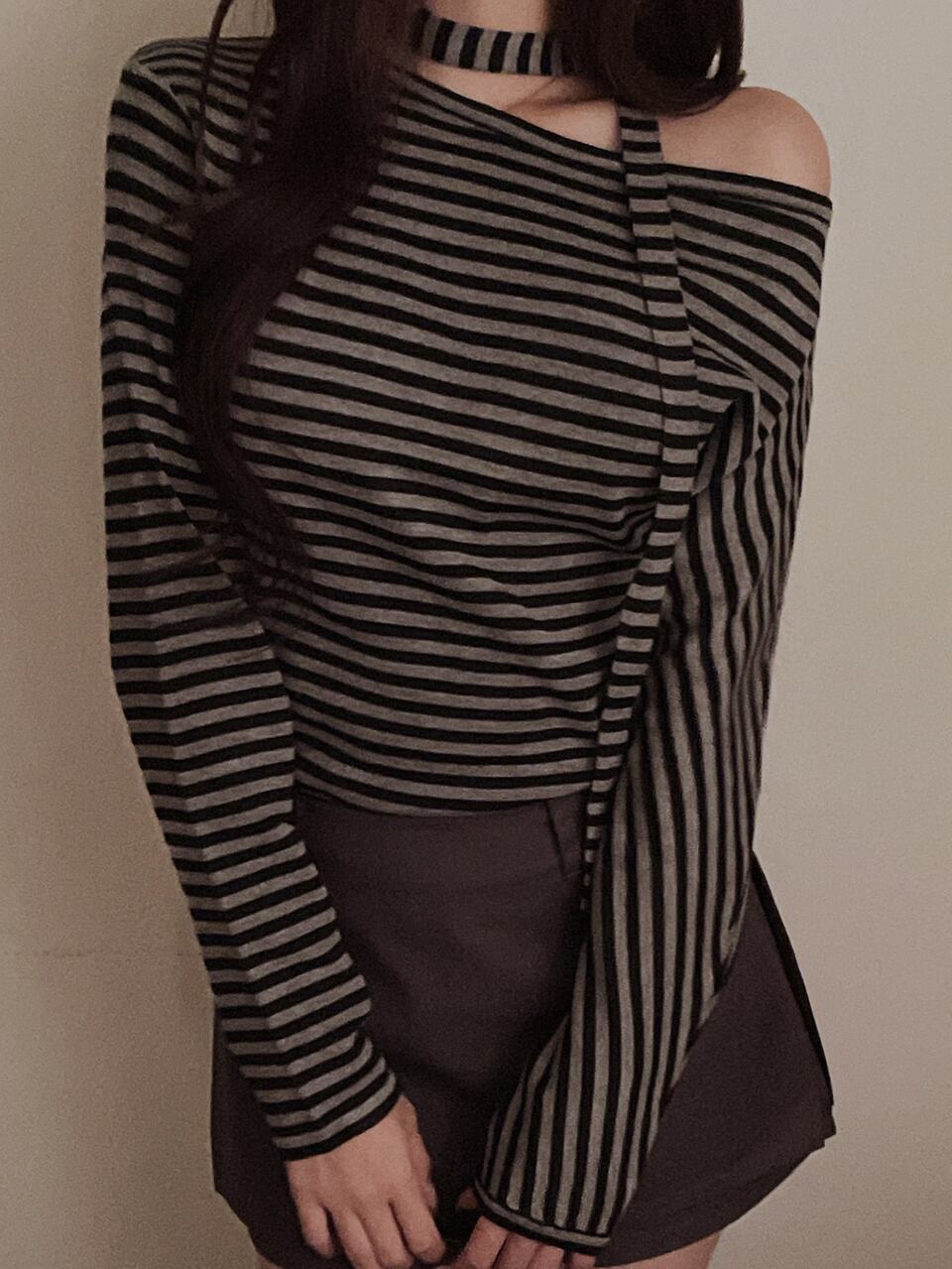 Women's Casual Striped Asymmetric Collar Sweater, Autumn