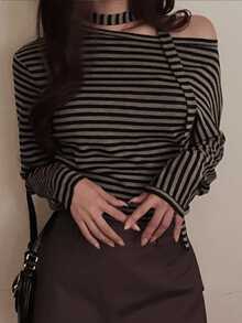 DAZY Women's Casual Striped Asymmetric Collar Sweater, Autumn - Grey - View 1