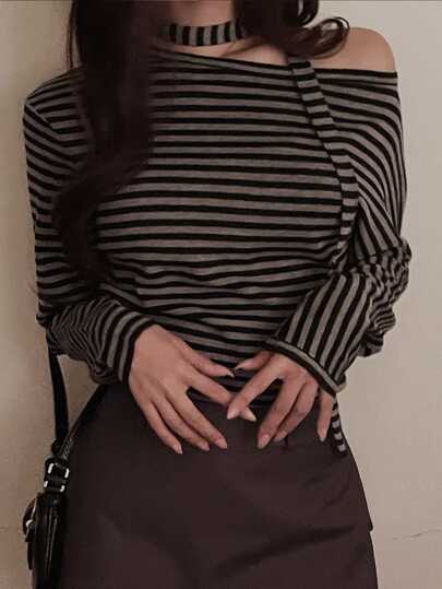 DAZY Women's Casual Striped Asymmetric Collar Sweater, Autumn