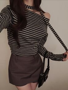 DAZY Women's Casual Striped Asymmetric Collar Sweater, Autumn - Grey - View 5