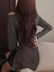 DAZY Women's Casual Striped Asymmetric Collar Sweater, Autumn - Grey - View 2