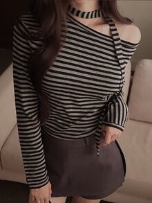 DAZY Women's Casual Striped Asymmetric Collar Sweater, Autumn - Grey - View 4