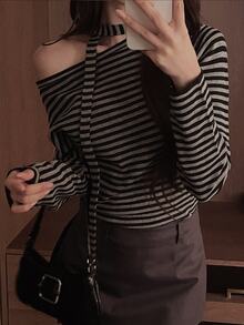 DAZY Women's Casual Striped Asymmetric Collar Sweater, Autumn - Grey - View 3