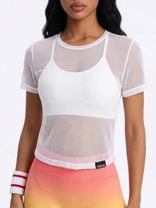 SHEIN Cheerettes Women's Letter Patchwork Round Neck Short Sleeve Hollow Out Sports T-Shirt Gym Shirts - White - View 2