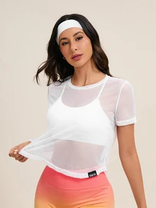 SHEIN Cheerettes Women's Letter Patchwork Round Neck Short Sleeve Hollow Out Sports T-Shirt Gym Shirts - White - View 4
