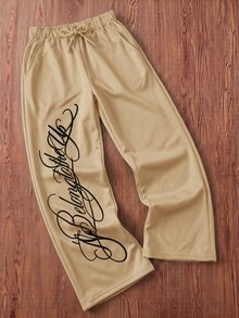 SHEIN Kids Tween Boy Casual Daily Comfortable Letter Print Pattern Straight Leg Loose Woven Pants Suitable For Daily Wear, School, Travel, Vacation, Holiday, Party, Spring, Summer, Autumn, Winter, All Seasons - Khaki - View 2