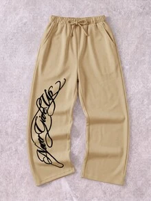 SHEIN Kids Tween Boy Casual Daily Comfortable Letter Print Pattern Straight Leg Loose Woven Pants Suitable For Daily Wear, School, Travel, Vacation, Holiday, Party, Spring, Summer, Autumn, Winter, All Seasons - Khaki - View 5