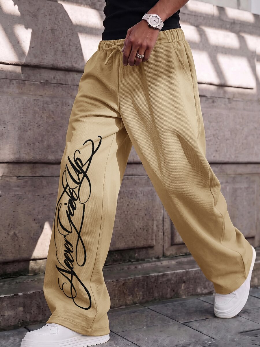 SHEIN Kids Tween Boy Casual Daily Comfortable Letter Print Pattern Straight Leg Loose Woven Pants Suitable For Daily Wear, School, Travel, Vacation, Holiday, Party, Spring, Summer, Autumn, Winter, All Seasons - Khaki - View 1