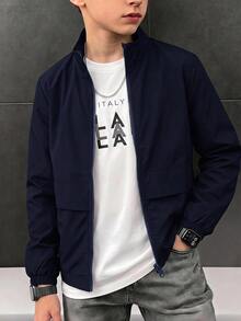 SHEIN Kids Tween Boy Versatile Solid Navy Blue Open Front Long Sleeve Utility Jacket, Suitable For Commuting, School, Daily Casual, Vacation, Travel, Sports, Autumn/Winter - Navy Blue - View 4