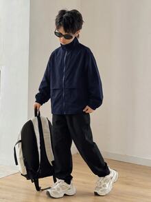 SHEIN Kids Tween Boy Versatile Solid Navy Blue Open Front Long Sleeve Utility Jacket, Suitable For Commuting, School, Daily Casual, Vacation, Travel, Sports, Autumn/Winter - Navy Blue - View 7