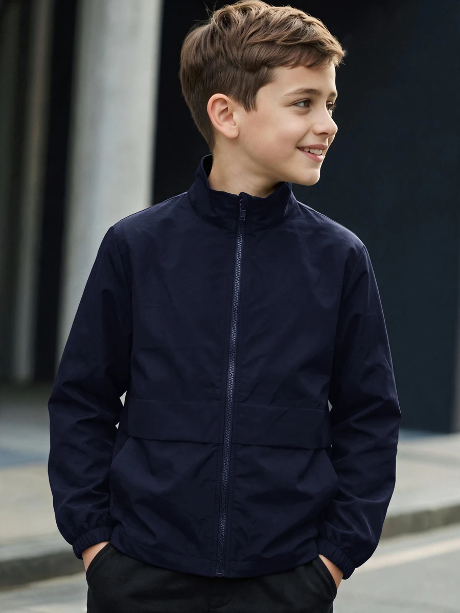 SHEIN Kids Tween Boy Versatile Solid Navy Blue Open Front Long Sleeve Utility Jacket, Suitable For Commuting, School, Daily Casual, Vacation, Travel, Sports, Autumn/Winter - Navy Blue - View 1