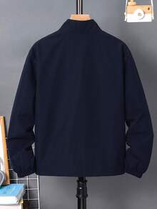 SHEIN Kids Tween Boy Versatile Solid Navy Blue Open Front Long Sleeve Utility Jacket, Suitable For Commuting, School, Daily Casual, Vacation, Travel, Sports, Autumn/Winter - Navy Blue - View 3