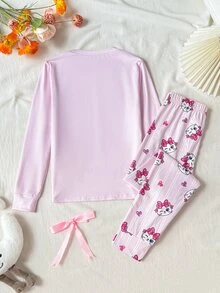 SHEIN 兒童青少年女孩可愛印花針織套頭上衣家居睡衣套裝，買1送1，舒適休閒日常修身貼身款 - 淺粉色 - 查看 8