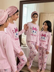 SHEIN 兒童青少年女孩可愛印花針織套頭上衣家居睡衣套裝，買1送1，舒適休閒日常修身貼身款 - 淺粉色 - 查看 2