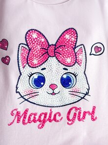 SHEIN 兒童青少年女孩可愛印花針織套頭上衣家居睡衣套裝，買1送1，舒適休閒日常修身貼身款 - 淺粉色 - 查看 3