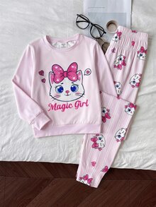 SHEIN 兒童青少年女孩可愛印花針織套頭上衣家居睡衣套裝，買1送1，舒適休閒日常修身貼身款 - 淺粉色 - 查看 9